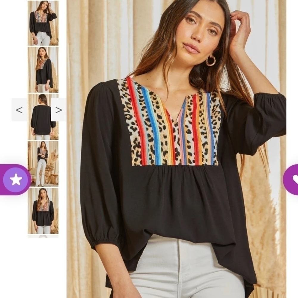 NWOT LEOPARD & SERAPE EMBROIDERED TOP BY SAVANNA JANE SIZE SMALL